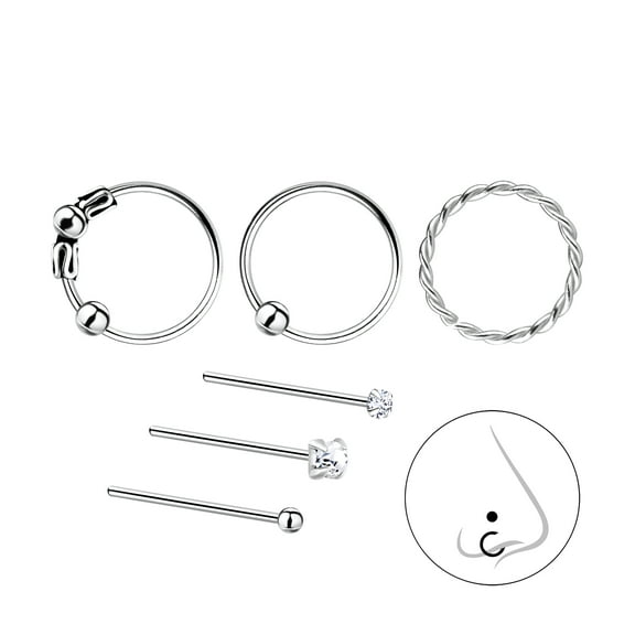 6 Pack 925 Sterling Silver 3 Nose Studs &amp; 3 Nose Rings Set