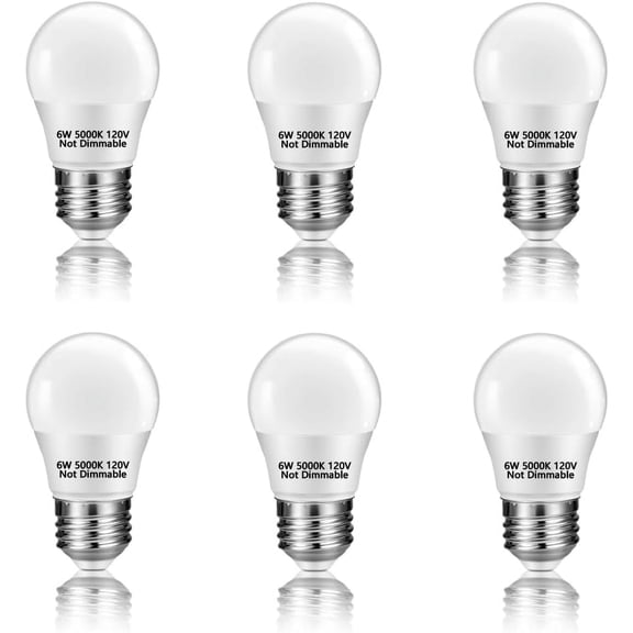 6 Pack A15 6W 120V E26 Base Small LED Refrigerator Light Bulb, Non-Dimmable 60W Equivalent 5000K Daylight White A15/G45 Shape LED Appliance Bulb for Ceiling Fan and Lighting Fixtures
