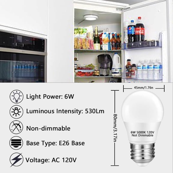 6 Pack A15 6W 120V E26 Base Small LED Refrigerator Light Bulb, Non-Dimmable 60W Equivalent 5000K Daylight White A15/G45 Shape LED Appliance Bulb for Ceiling Fan and Lighting Fixtures
