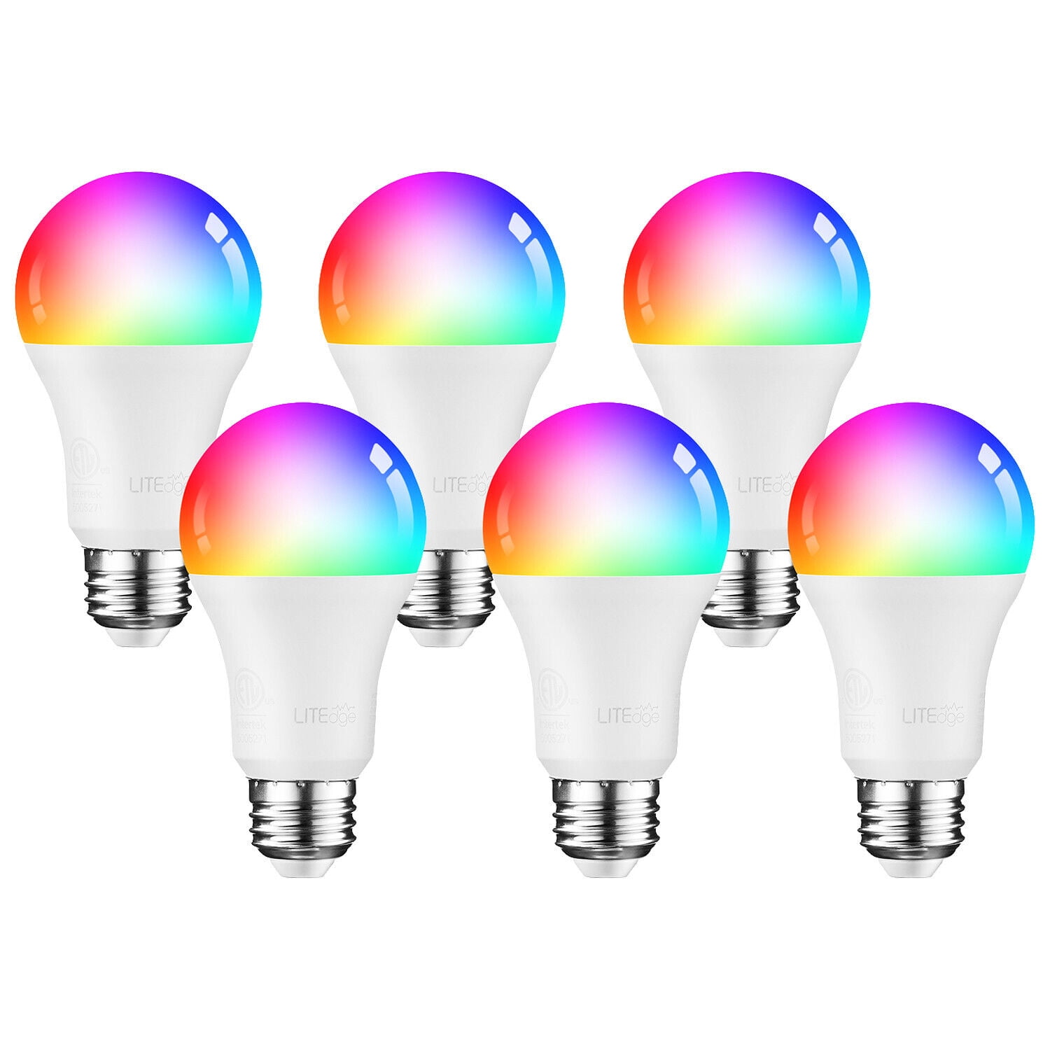 6 Pack A19 A19 Smart LED Light Bulbs, WiFi & Bluetooth, 60W Equiv, E26 Base, 2000K-5000K RGBCW Full Color Changing Smart Bulb