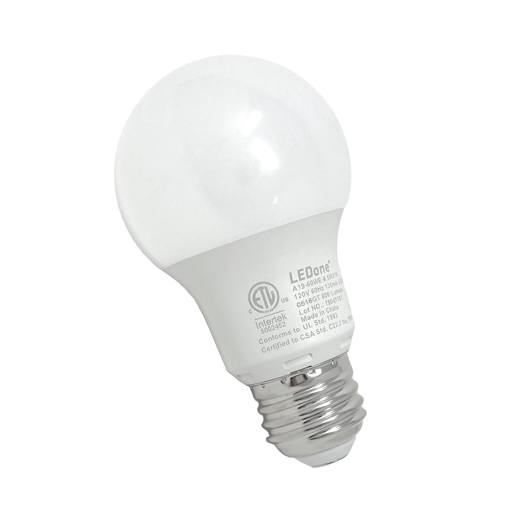 6 Pack A19 E26 Base LED Bulb, 8.5W Replaces 60W, Warm Whith light, Non-Dimmable, ETL Listed