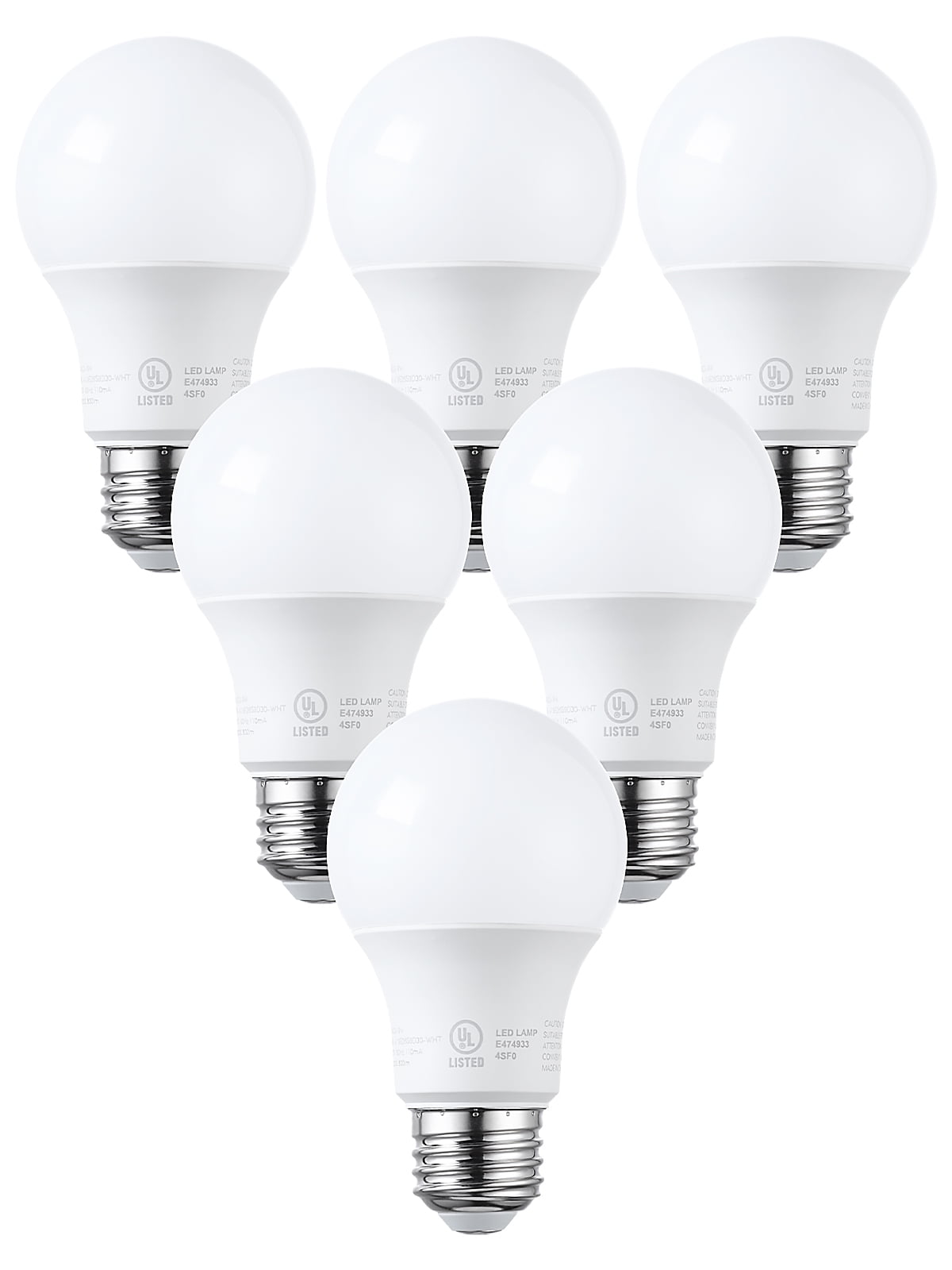 6 Pack A19 LED Light Bulbs 60W Equivalent, UL Listed, Dimmable, 3000K Warm White, E26 Standard Base, Flicker Free