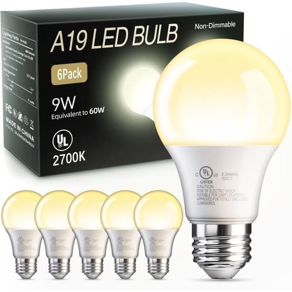 6 Pack A19 LED Light Bulbs, Soft Warm White 2700K, 60 Watt Eq,E26 Base | Efficient 9W, Standard Light Bulb for Lamps, Energy Saving Lightbulb, Non Dimmable, 800LM, 80 CRI, 120V, UL Listed