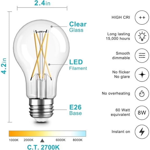 6 Pack A19 Vintage LED Edison Bulbs, Dimmable Light Bulb 60W Equivalent, High Brightness 2700K Warm White, 8W E26 Standard Base, 800Lumens, CRI80+, Clear Glass Filament Bulb for Home, Farmhouse
