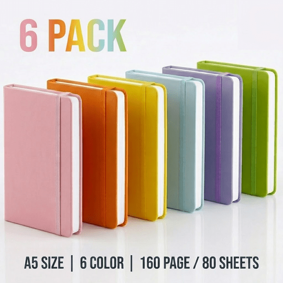 6-Pack A5 Premium PU Leather Notebooks, 160 Pages Wide Ruled Travel Journals with Elastic Band & Waterproof Cover for School, College & Office, 6 Assorted Pastel Colors