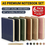 6-Pack A5 Softcover Journals, Contrast PU Leather Lined Notebooks, 100GSM 216 Pages, Assorted Colors