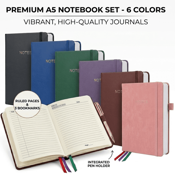 6-Pack A5 Thick Hardcover Journals, 320 Pages 100GSM Lined Notebooks, 7mm College Ruled Diaries with Pen Loop & Inner Pocket for School & Office, 6 Colors