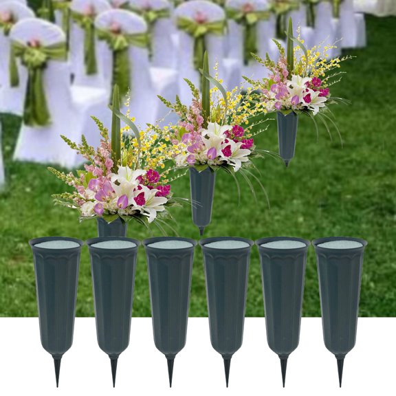 ​6-Pack ABS Plastic Ground Vases w/ Foam Inserts & Stakes - 7in Weather-Resistant Wedding & Event Floral Holders, 3in Tulip Shape Green