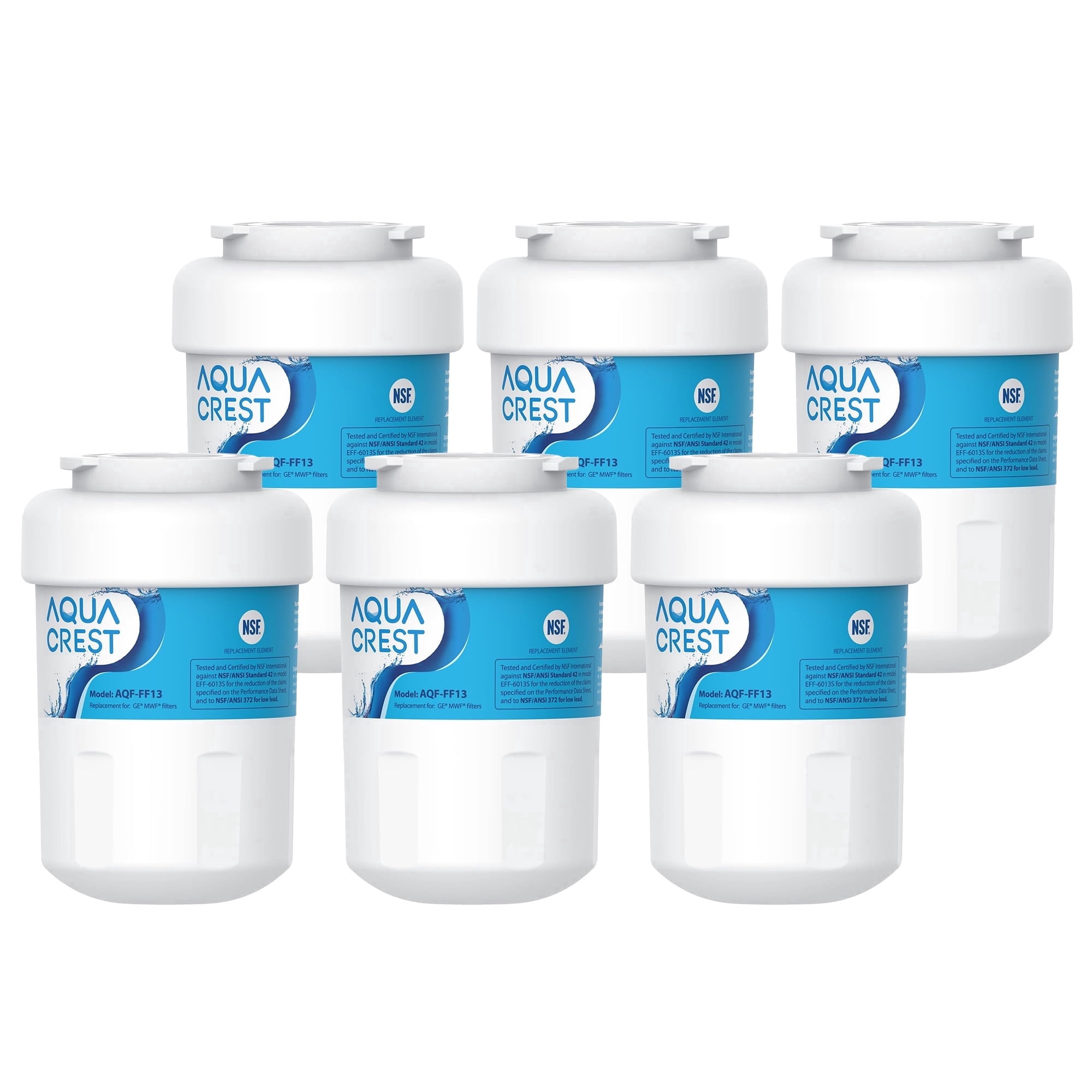 AQUA CREST FF13 Refrigerator Water filter Replacement for GE® SmartWater® MWF®, MWFINT, MWFP, MWFA, GWF, HDX FMG-1, GSE25GSHECSS, WFC1201, Kenmore® 9991 , 6 Filters