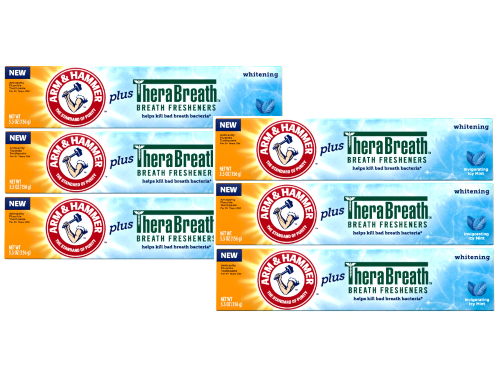 6 Pack - ARM & HAMMER Whitening Toothpaste Plus Therabreath Breath Fresheners, Invigorating Icy Mint Flavor, 5.5 oz
