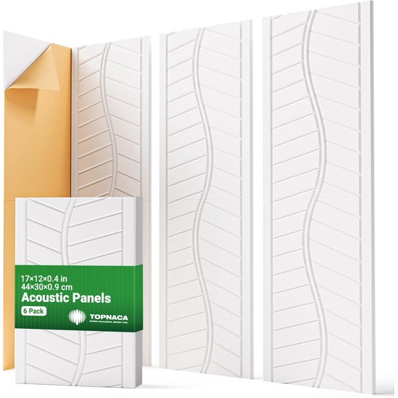 6 Pack Acoustic Panels Sound Absorbing for Recording Studio Walls, White Self-Adhesive Leaf Textured Decorative Art Ceiling Tiles - Acoustical Treatments for Home Office Room Door 17"12"0.4"