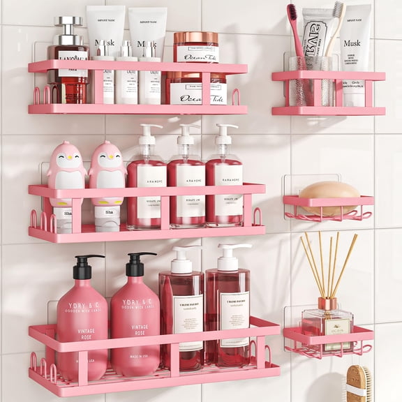 6-Pack Adhesive Shower Caddy, No Drilling Metal Bathroom Shelf, Pink