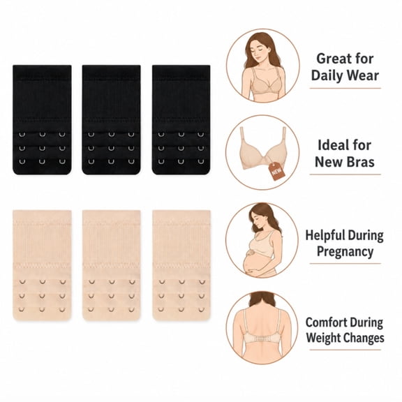 6 Pack 3 Hook Bra Extenders, Adjustable Bra Buckle Extension Straps for Bras and Lingerie, TIKA