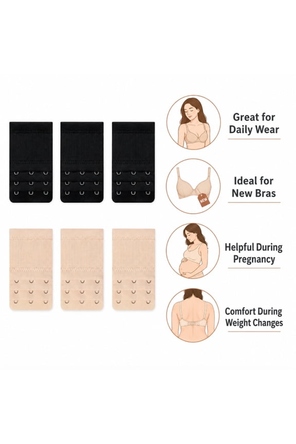 6 Pack 3 Hook Bra Extenders, Adjustable Bra Buckle Extension Straps for Bras and Lingerie, TIKA