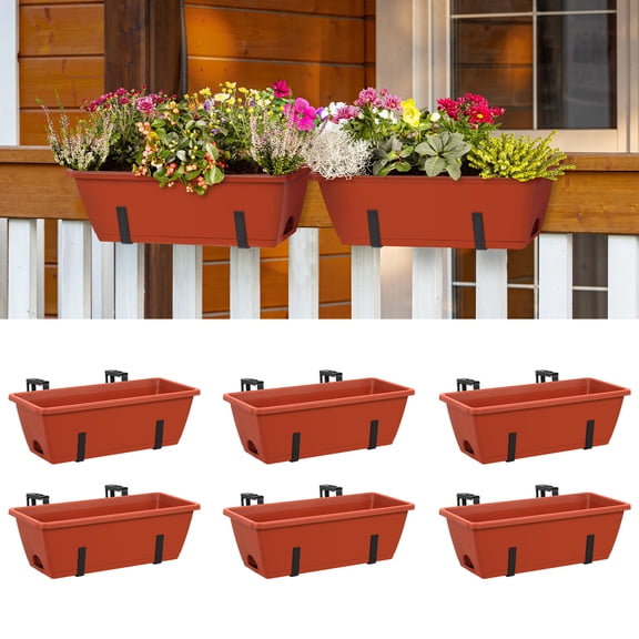 6 Pack Adjustable Deck Railing Planter Boxes, 16.5" Terracotta Window Boxes with Brackets, Weatherproof Hanging Flower Pots for Balcony, Patio, Porch