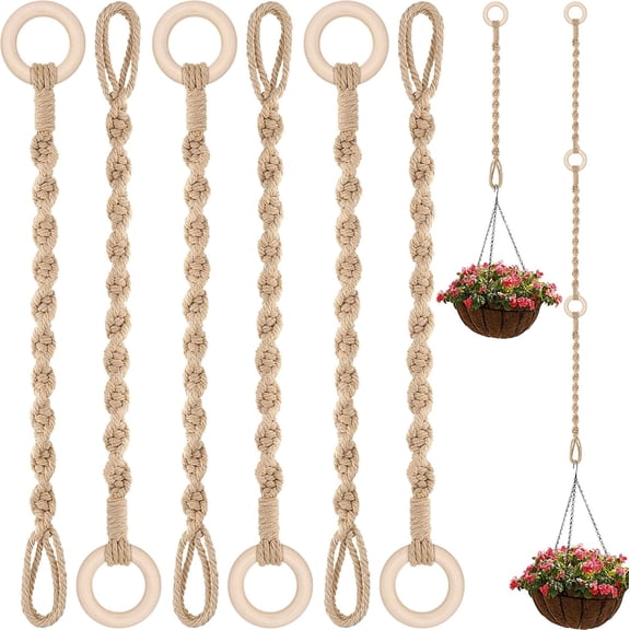 6 Pack Adjustable Macrame Plant Hanger Extender Handmade Woven Hanging Basket Extenders Connectable Rope Hanging Extension with Wooden Ring for Indoor Outdoor Plant Pot Holder(Brown)