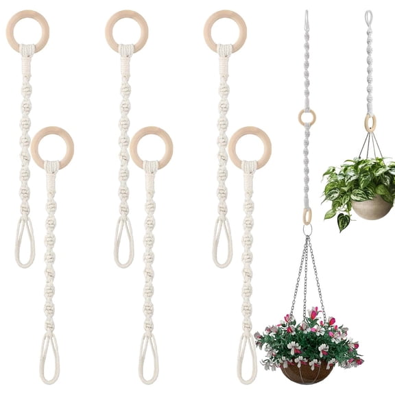 6 Pack Adjustable Macrame Plant Hanger,Happon Plant Hanger Extenders for Hanging Plants,Handmade Woven Rope Hanging Plant Basket Extender with Wooden Ring for Indoor Outdoor Plant Pot Holder