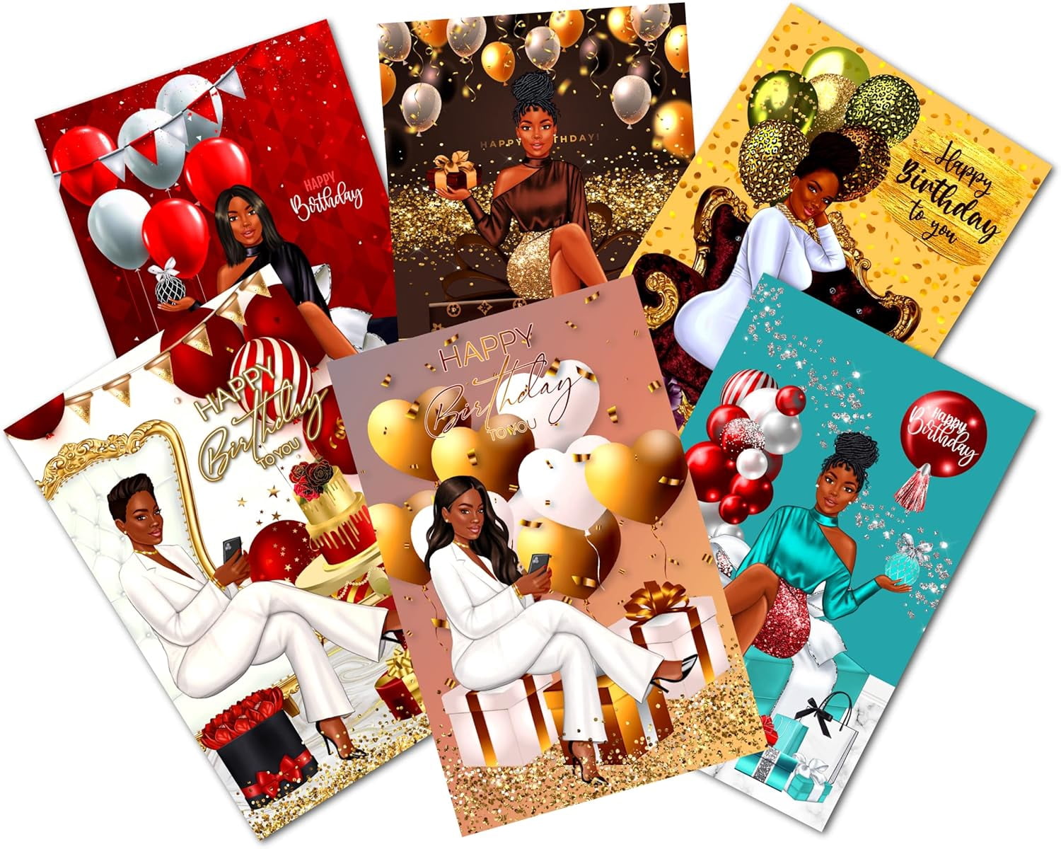 6 Pack African American Birthday Greeting Cards, Cute Birthday Card, Black Girl Queen Happy Birthday card for Wife, Girlfriend, Sisters with Envelope