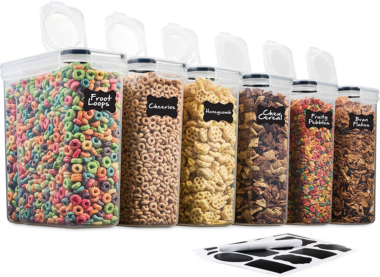 6 Pack Airtight Cereal Food Storage Container - BPA Free Plastic Kitchen and Pantry Organization Canisters for, Dry Pet Food, Flour, Sugar, Rice, Nuts, Snacks & More (135.5 Oz) Labels & Chalk Marker - Thumbnail 2