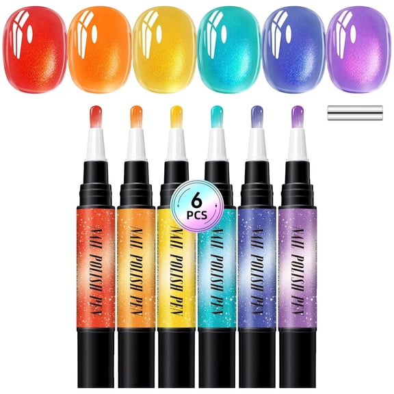 6 Pack All-In-One Cat Eye One Step Gel Nail Pens Integrated Base Color Top Coat Design Precise Portable Gel Polish Pen Kit for At-Home DIY Salon Grade Long Lasting Manicure Nail Art(Set F-12x10cm)