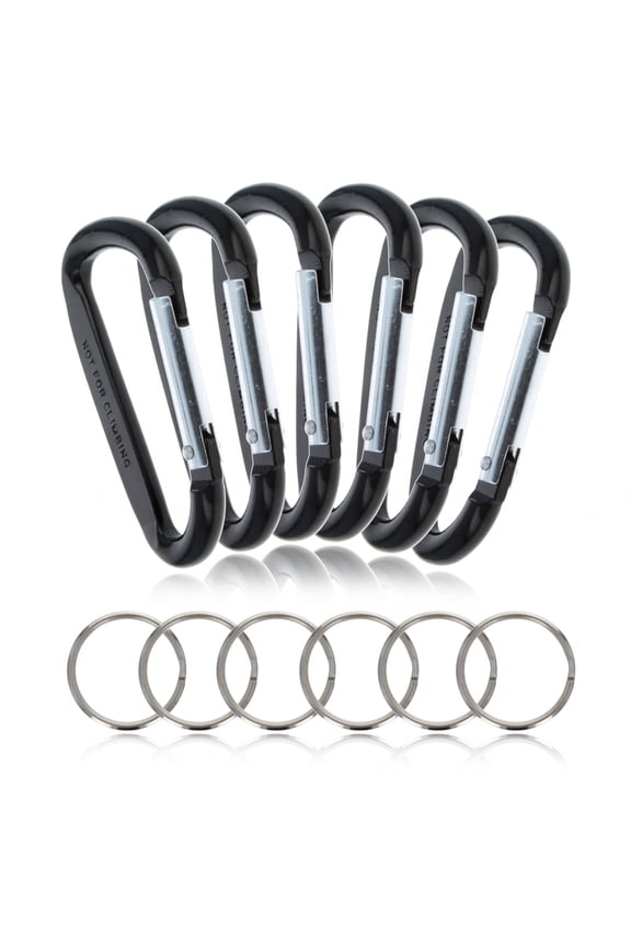 (6 Pack) Aluminum Multi-Color Carabiner Spring Clip Keychain Black Medium