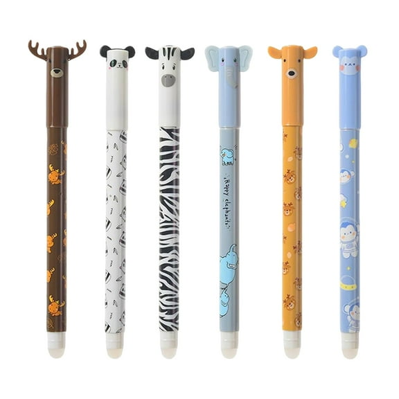6 Pack Animal Design Erasable Gel Pens, Thermal Erasable Ink with Top Eraser, Comfort Grip Writing Pens for Notes Homework
