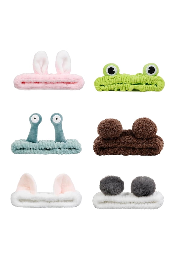 6-Pack Animal Ear Spa Headbands for Women, Fuzzy Makeup Face Wash Hairbands, Cute Cat Bear Frog Soft Skincare Hair Accessories