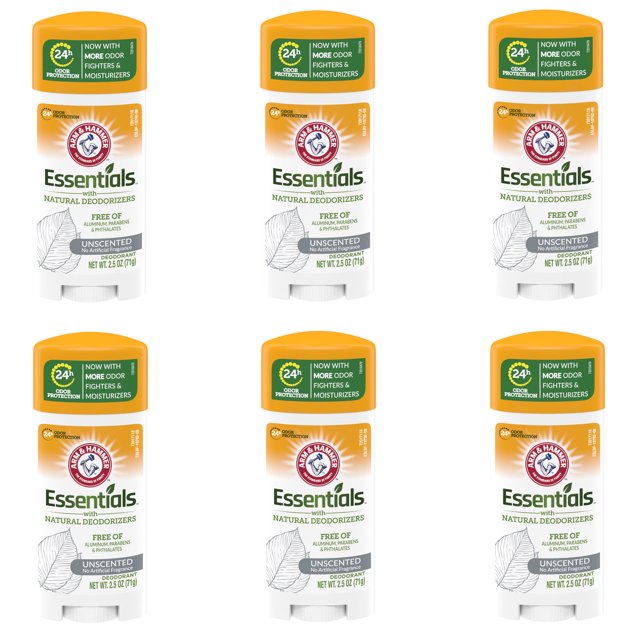 6 Pack Arm & Hammer Essentials Deodorant Solid, Unscented 2.5 Ounce
