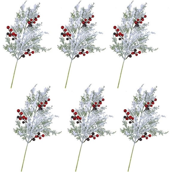 6 Pack Artificial Cedar Branches with Red Berries, 19.3Inch Snowy Frosted Christmas Greenery Picks for Xmas Tree, Wreaths & Vase Arrangements