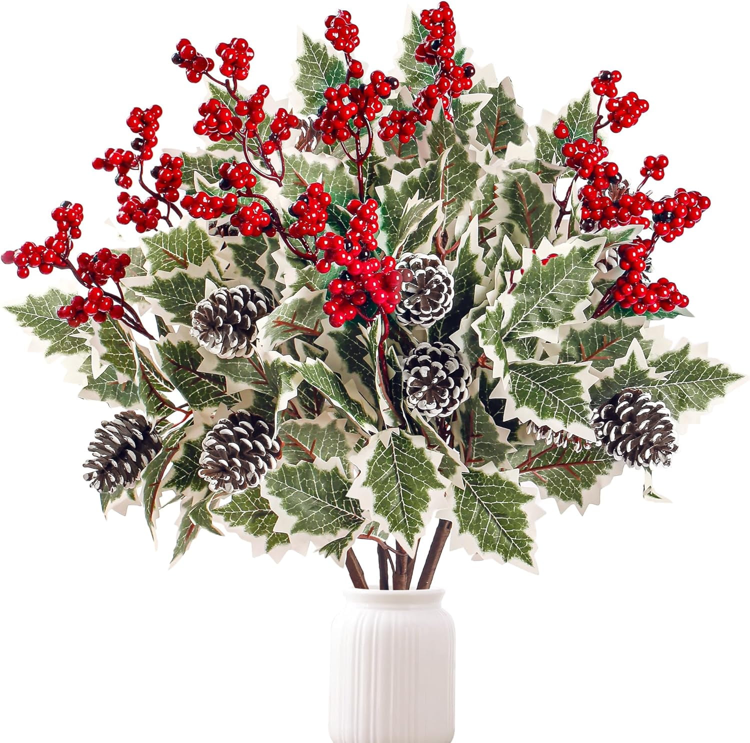 6 Pack Artificial Christmas Flowers with Holly Berries Pine Cones Green