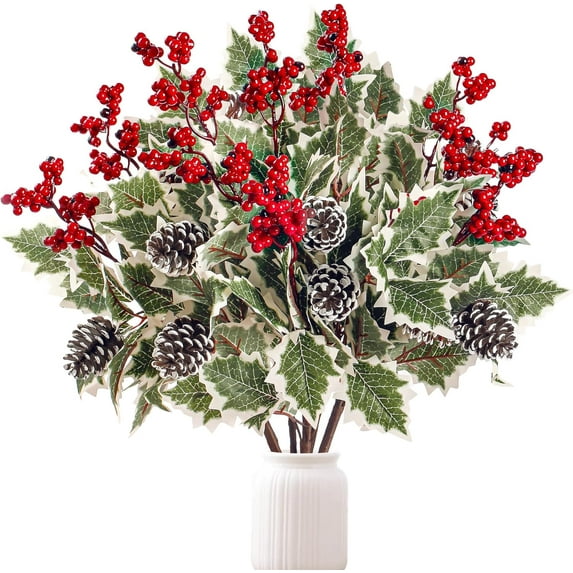 6 Pack Artificial Christmas Flowers with Holly Berries Pine Cones Green Leaves Fake Christmas Branches Faux Flower Stems Bouquets for Floral Arrangement Home Vase Xmas Holiday Season Decor