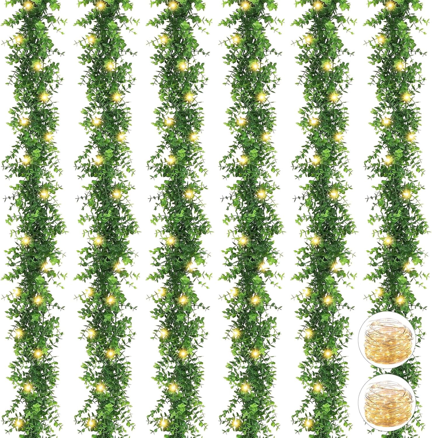 6-Pack Green Artificial Eucalyptus Garland with Lights for Outdoor Decor