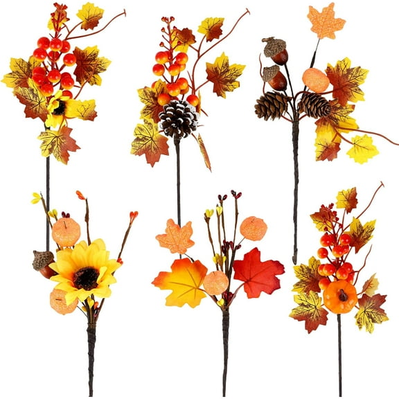 6 Pack Artificial Maple Leaves Branches Fall Floral Picks Autumn Pumpkin Berry Twig Stem with Pinecone for Thanksgiving Harvest Day Decoration DIY Floral Arrangements
