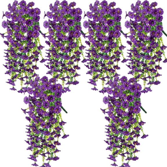 6 Pack Artificial Morning Glory Flowers, UV-Resistant Precisetrue Hanging Flowers 29.5", Silk Fake Plants Hanging Basket for Spring Outdoor Wedding Yard Garden Decor,6pc Purple