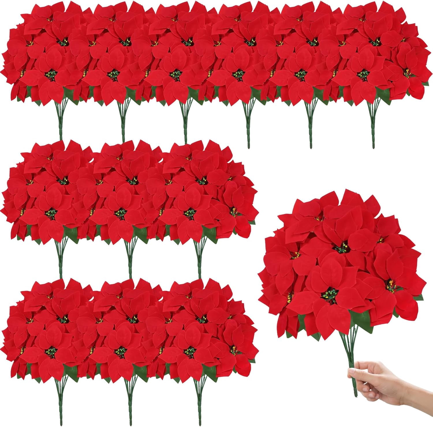 6 Pack Artificial Poinsettia Bushes, Red 7 Stems Velvet Poinsettia Floral, Christmas Artificial Poinsettia Flowers for Indoor Outdoor Christmas Xmas Tree Ornament Home Porch Decorations