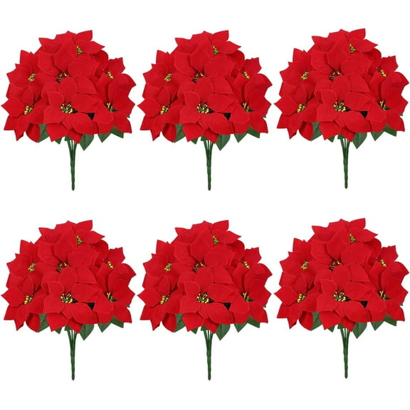 6 Pack Artificial Poinsettia Bushes, Red 7 Stems Velvet Poinsettia Floral, Christmas Artificial Poinsettia Flowers for Indoor Outdoor Christmas Xmas Tree Ornament Home Porch Decorations