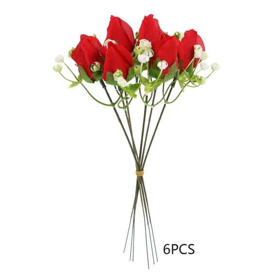 6-Pack Artificial Rose Bud Bouquet, Fresh Style Rose Flowers, Home and Wedding Decoration, Small Tabletop Floral Arrangement Gift Set