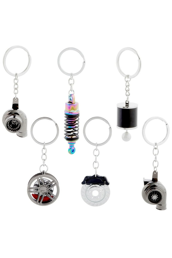 6 Pack Auto Car Parts Keychain Set with Turbo, Manual Gearbox, Tire Rim, Spring Shock Absorber, Brake Rotor (Metal)