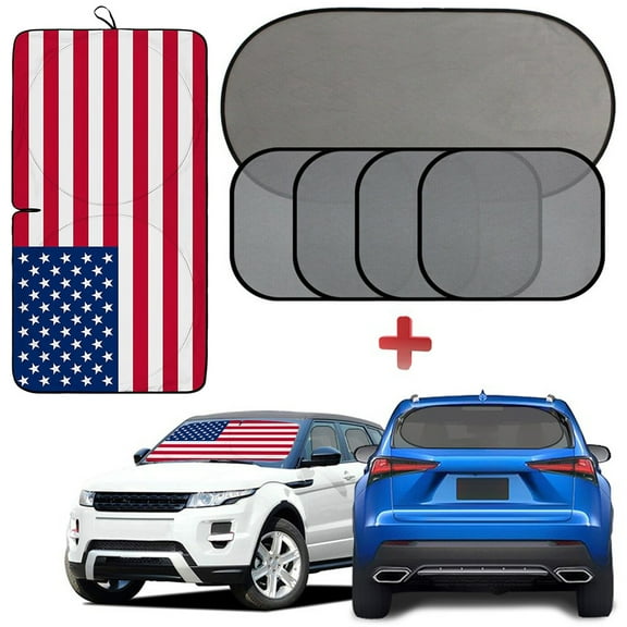 [6 Pack] Auto Windshield Sun Shade for Car, IC ICLOVER 59"x33" American Flag Design Front Car Folding Sun Visor with Car Window Mesh Sunshade for Side & Rear Window -Keep Cool for Kids Pet