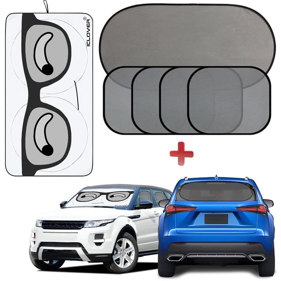 [6 Pack] Auto Windshield Sun Shade for Car, IC ICLOVER 59"x33" Big Eyes Design Front Car Folding Sun Visor with Car Window Mesh Sunshade for Side & Rear Window -Keep Cool for Kids Pet