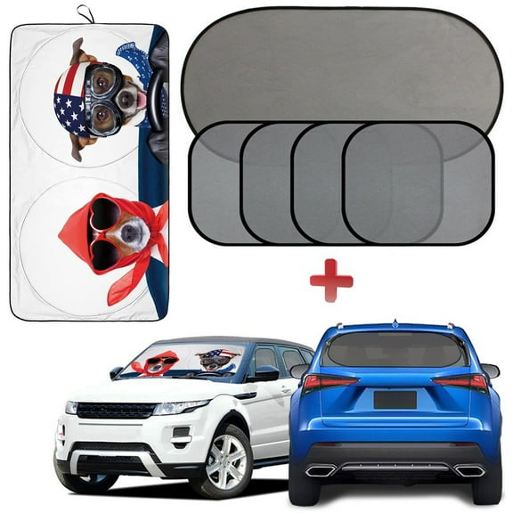 [6 Pack] Auto Windshield Sun Shade for Car, IC ICLOVER 59"x33" Driving Dogs Design Front Car Folding Sun Visor with Car Window Mesh Sunshade for Side & Rear Window -Keep Cool for Kids Pet