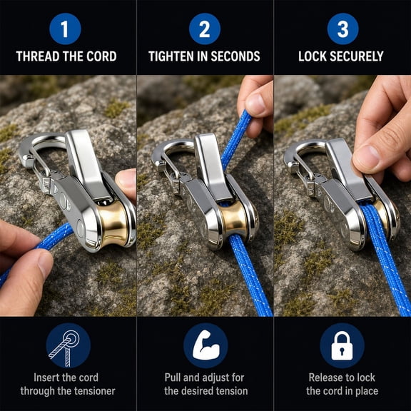 6 Pack Automatic Rope Ratchet Carabiner Set, Adjustable Pulley Cam Lock Tie Down Clip with Braided Cords for Camping Canopy Tents Outdoor Securing