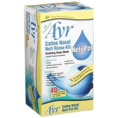 Ayr Saline Nasal Neti Rinse Kit, 40 Saline Packets and 1 Neti Pot, All-Natural Soothing Sinus Wash (pack of 6)