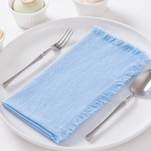 6 Pack Baby Blue Cotton Linen Napkins with Fringe Christmas Cloth Napkins Set of 6 Boho Handmade Holiday Napkins Bulk for Wedding Baby Boy Shower Parties, 17 x 17 Inches