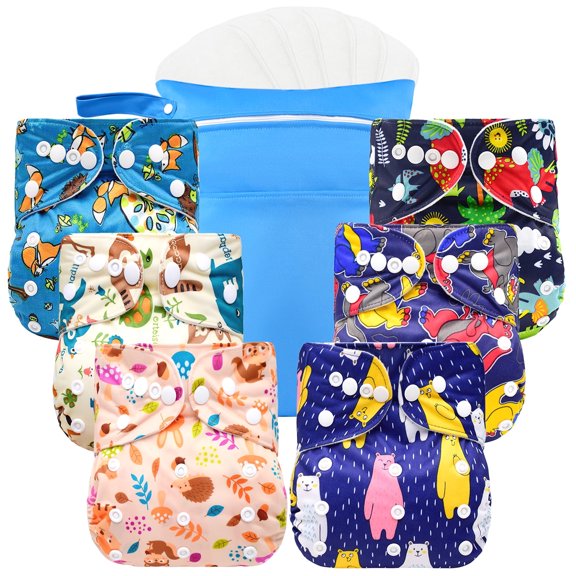 6 Pack Baby Cloth Diapers Reusable with 6 Inserts 1 Wet Bag Washable Adjustable Diaper for Baby Toddler Girls Boys