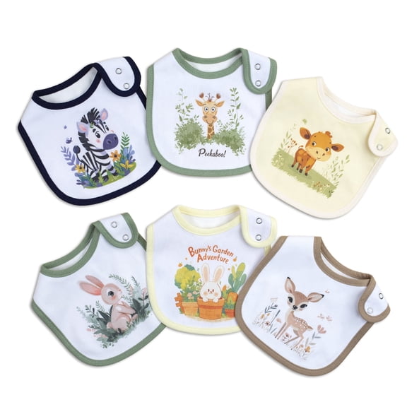 6 Pack Baby Drool Bibs, Double-Sided Soft Cotton with Waterproof Inner Liner, Absorbent Teething Feeding Bandana Bibs with Cute Forest Animal Prints, Adjustable Snap Bibs for Newborn Infant Toddler 0