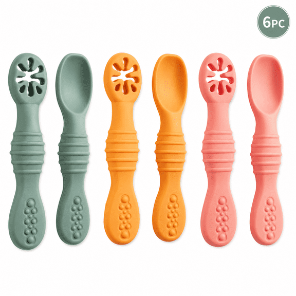 6 Pack Baby Silicone Feeding Spoons, Soft Silicone Weaning Spoons with Non-Slip Handle, Gentle Feeding Utensils for Purees, Cereal, Snacks, Home Dining