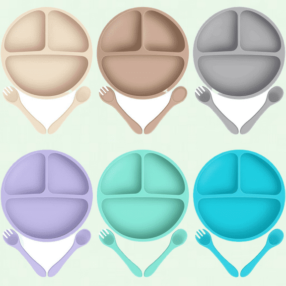 6 Pack Baby Suction Plate with Self-Feeding Spoon Fork, Divided Plates and Utensils for Boys Girls