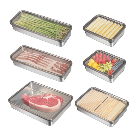 6 Pack Bacon Cheese Container for Refrigerator, 304 Stainless Steel Airtight Deli Meat Storage with Lids for Fridge, Dishwasher Safe Food Organizer for Lunch Meat Vegetables Fruits in 4 Sizes