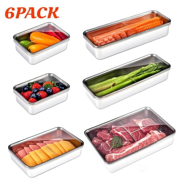 6 Pack Bacon Cheese Container for Refrigerator, 304 Stainless Steel Airtight Deli Meat Storage with Lids for Fridge, Dishwasher Safe Food Organizer for Lunch Meat Vegetables Fruits
